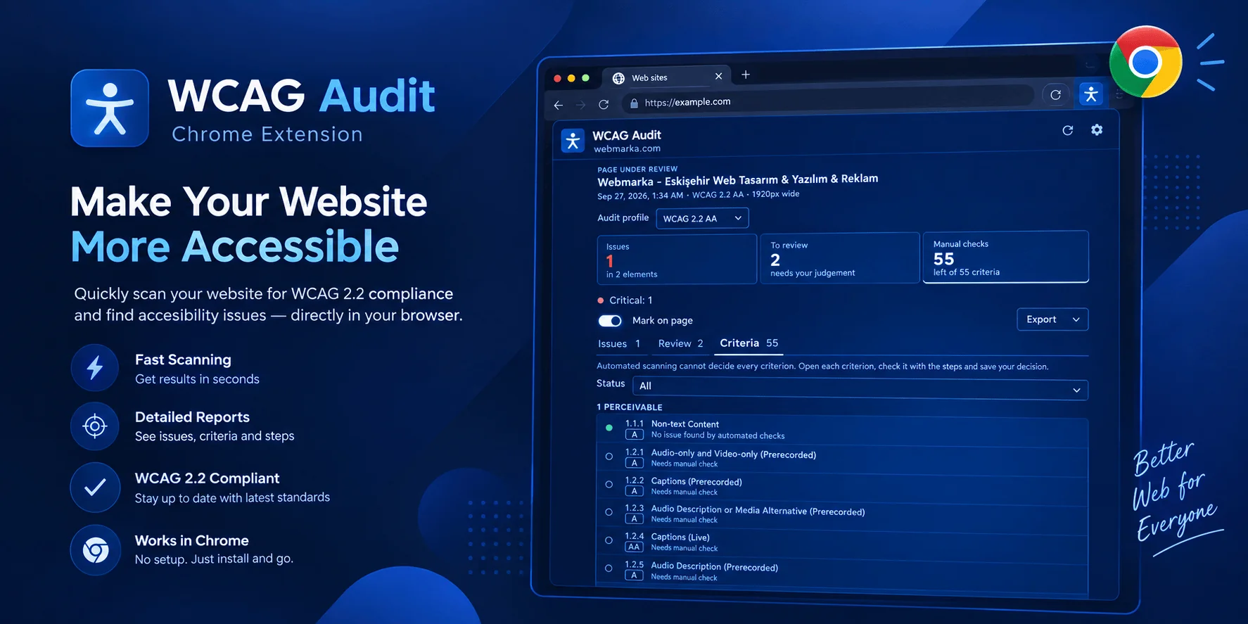 Webmarka WCAG Denetimi Chrome eklentisinin yan panelde gösterdiği erişilebilirlik bulguları